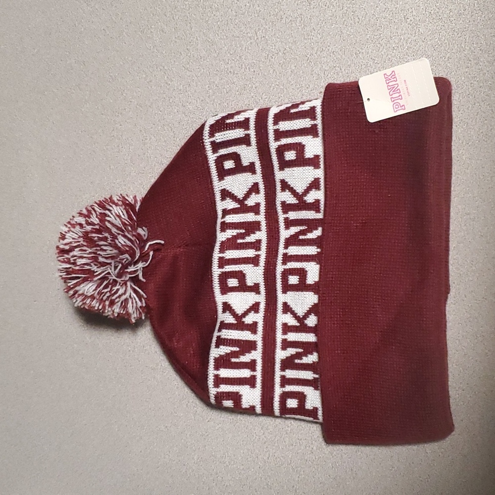 Pink victorias secret pompom burgundy beanie hat